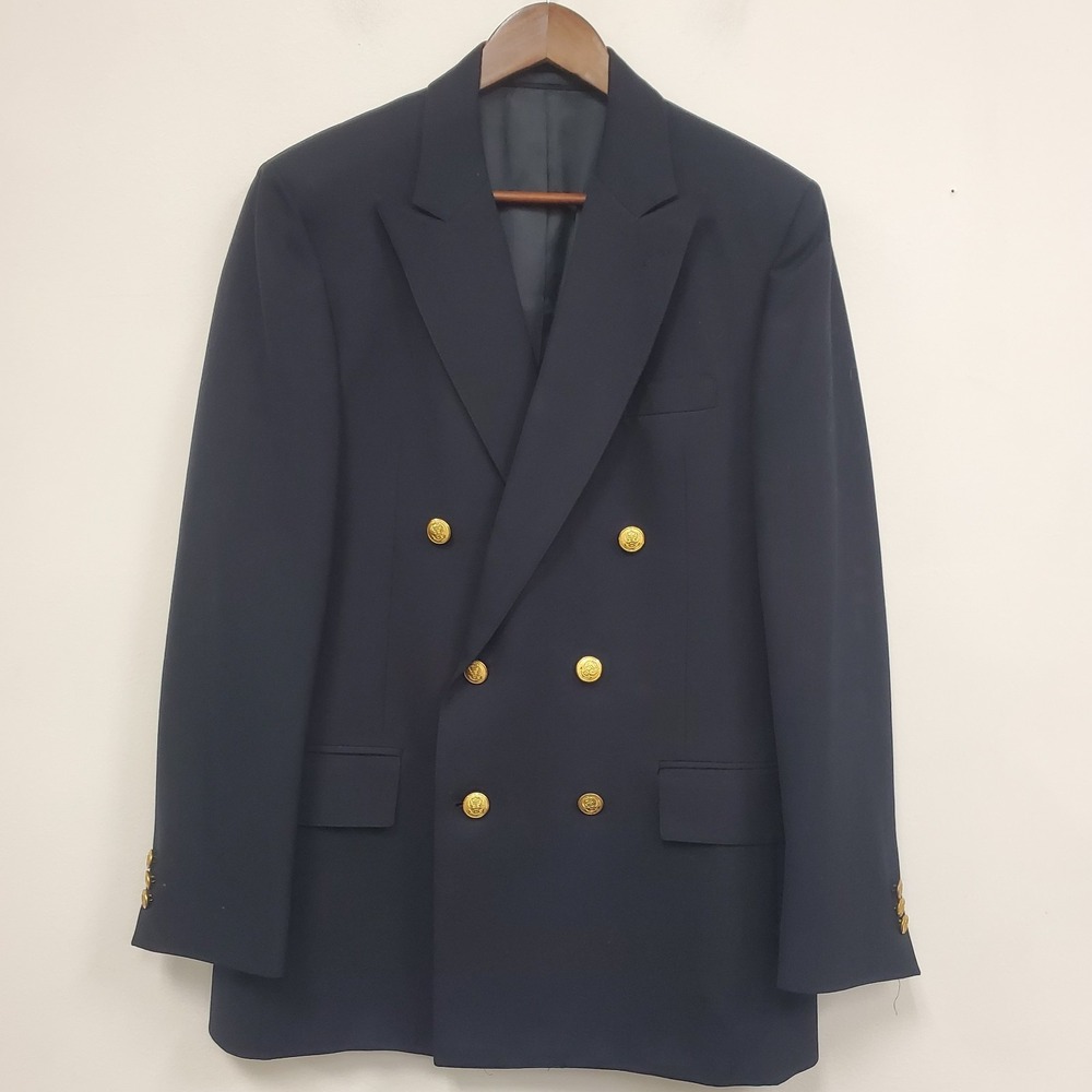 Stanley Blacker Mens Double Breasted Navy Blue Blazer Size 44 Hopsack Gold Crest